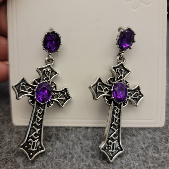 Fashion Jewelry Jewelry - Silver Cross Earrings with Purple Gemstones
